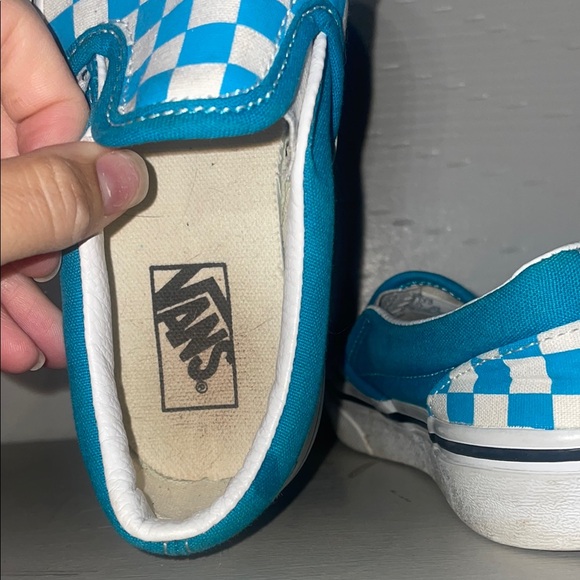 Vans Blue/ teal and White Checkered Slip-On Sneakers, kids size 13 - Picture 6 of 7